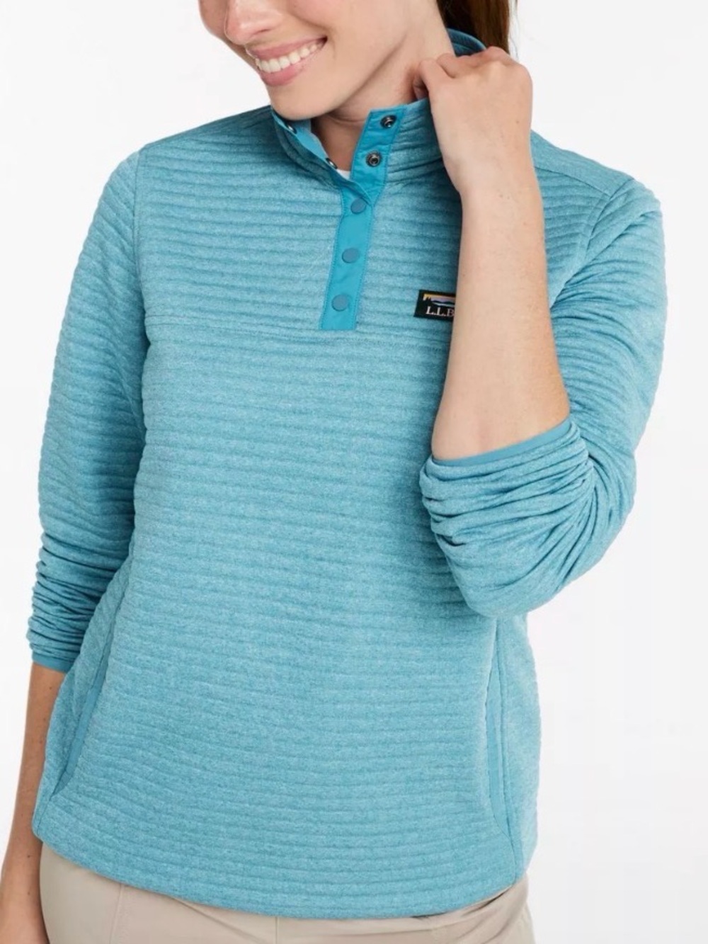 LL Bean Airlight Knit 1/4 Snap Pocket Pullover Sweatshirt Teal Blue Women’s M P